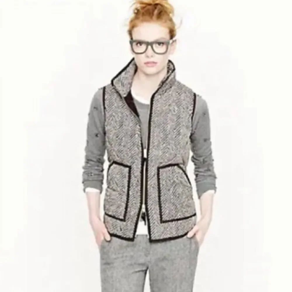 J. Crew Black Tan Herringbone Printed Quilted Puffer Zip Front Vest